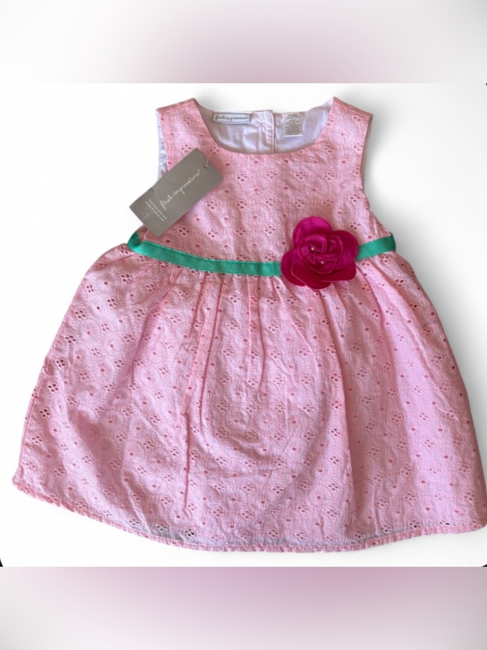 18M First Impressions - Pink Dress With Flower And Bow Detail - 100% Cotton